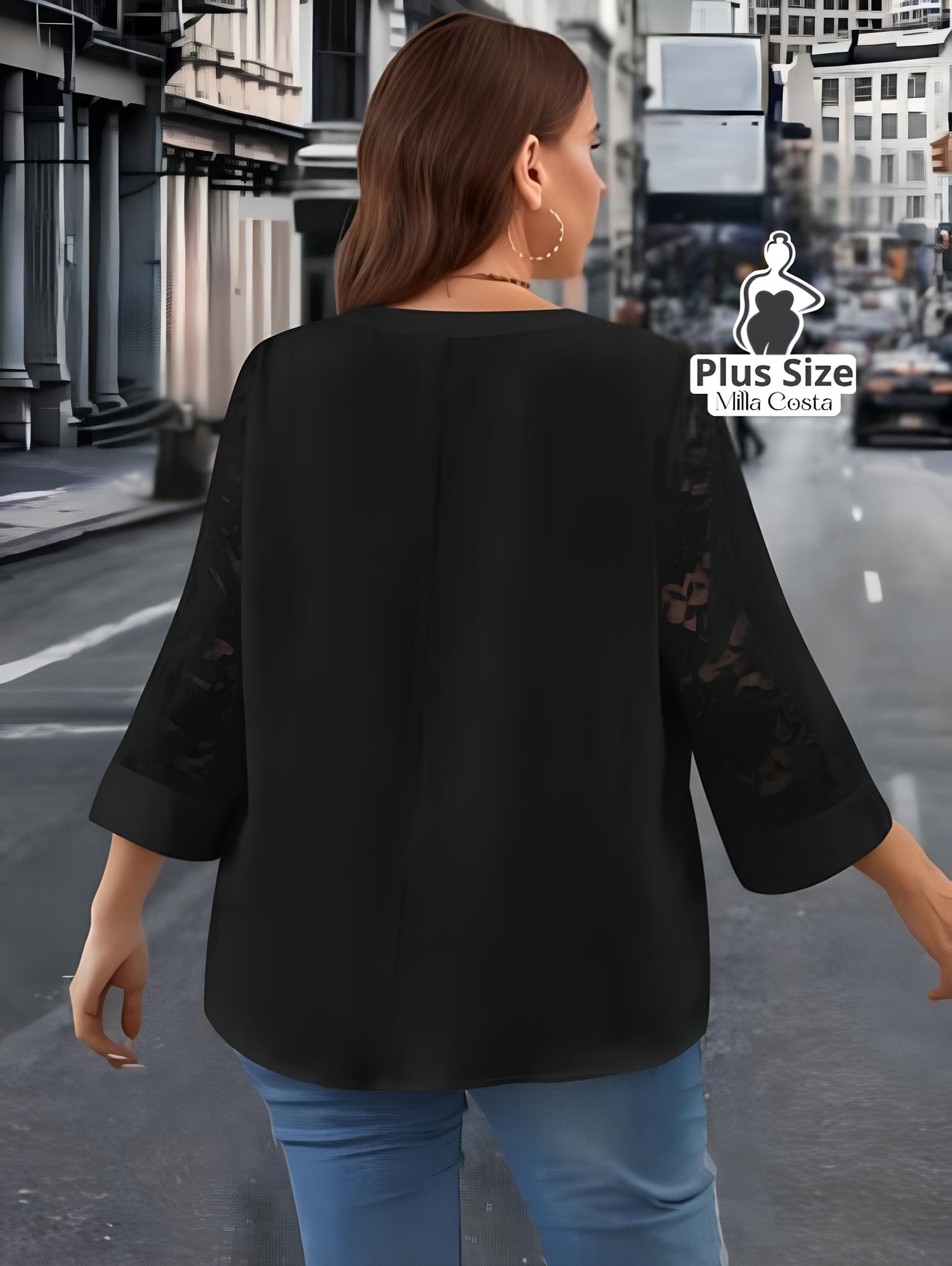 Blusa Elegante Com Detalhe De Renda Nas Mangas E Decote V Plus Size