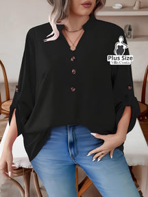 Blusa Casual com Botões e Manga 3/4 Ajustável Plus Size