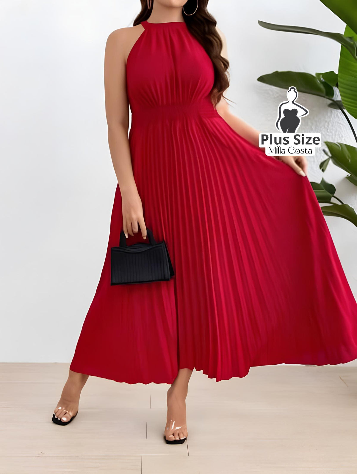 Vestido Longo Plissado com Gola Alta Plus Size