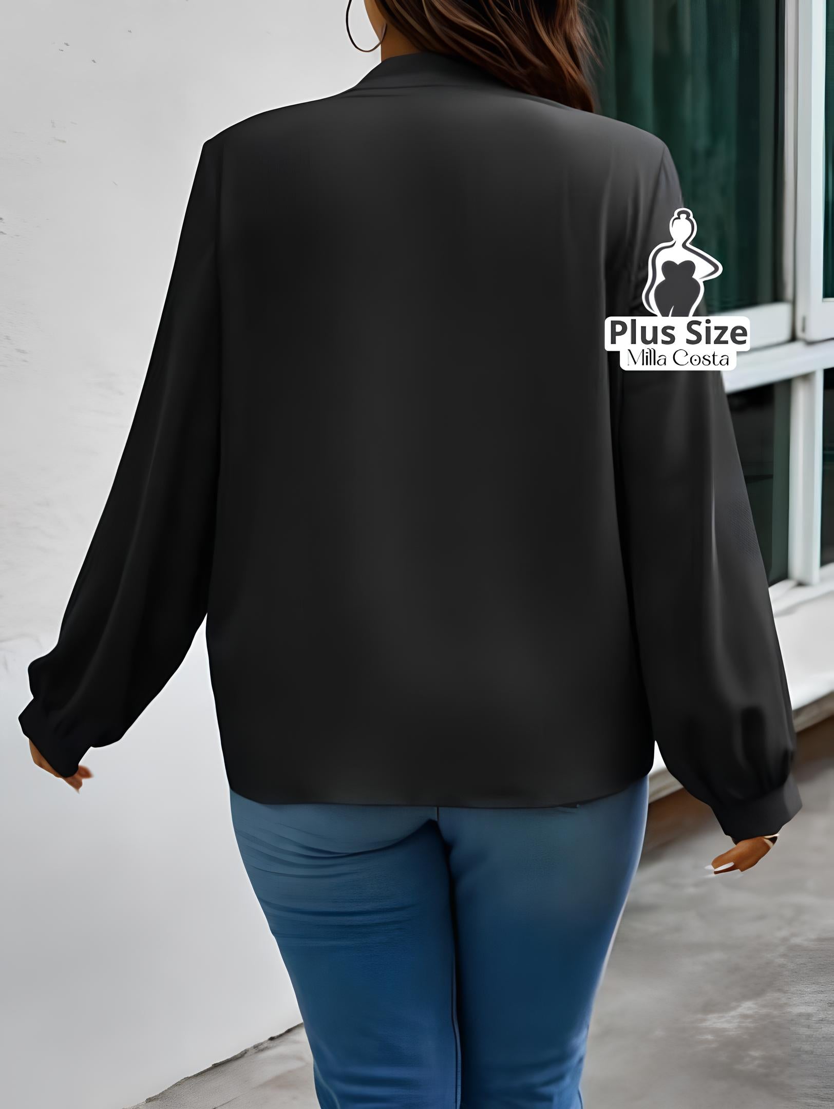 Blusa Com Laço e Manga Longa Elegante Plus Size