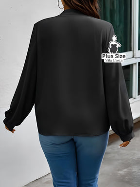 Blusa Com Laço e Manga Longa Elegante Plus Size