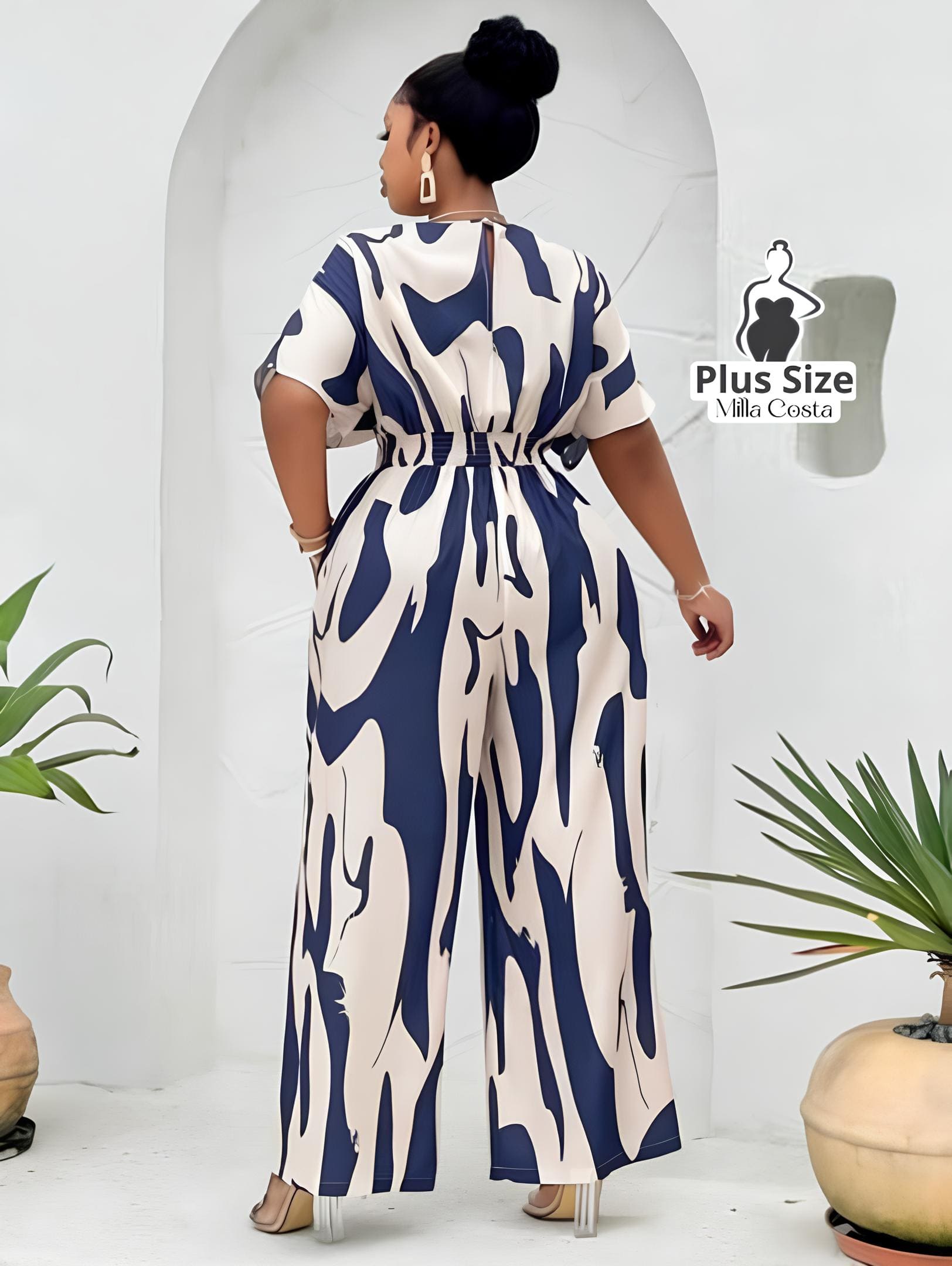 Macacão Estampado Elegante Com Cintura Marcada Plus Size