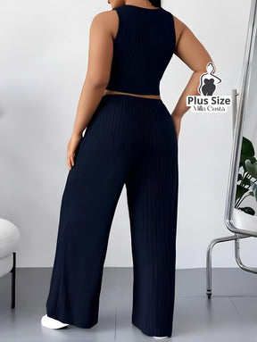 Conjunto Elegante Com Top Cropped e Calça Flare Texturizada Plus Size