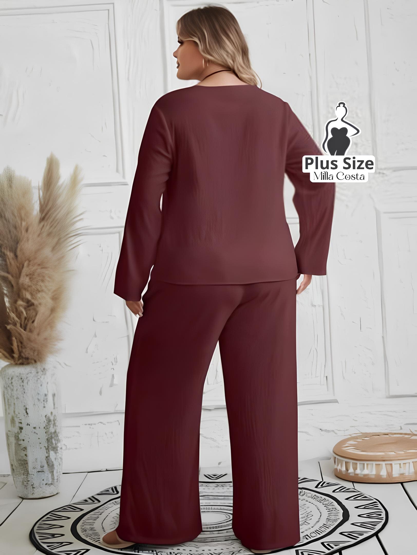 Conjunto Feminino de Blusa e Calça Com Detalhes de Botões Plus Size