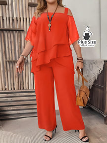 Conjunto Elegante De Camadas E Pantalona Plus Size