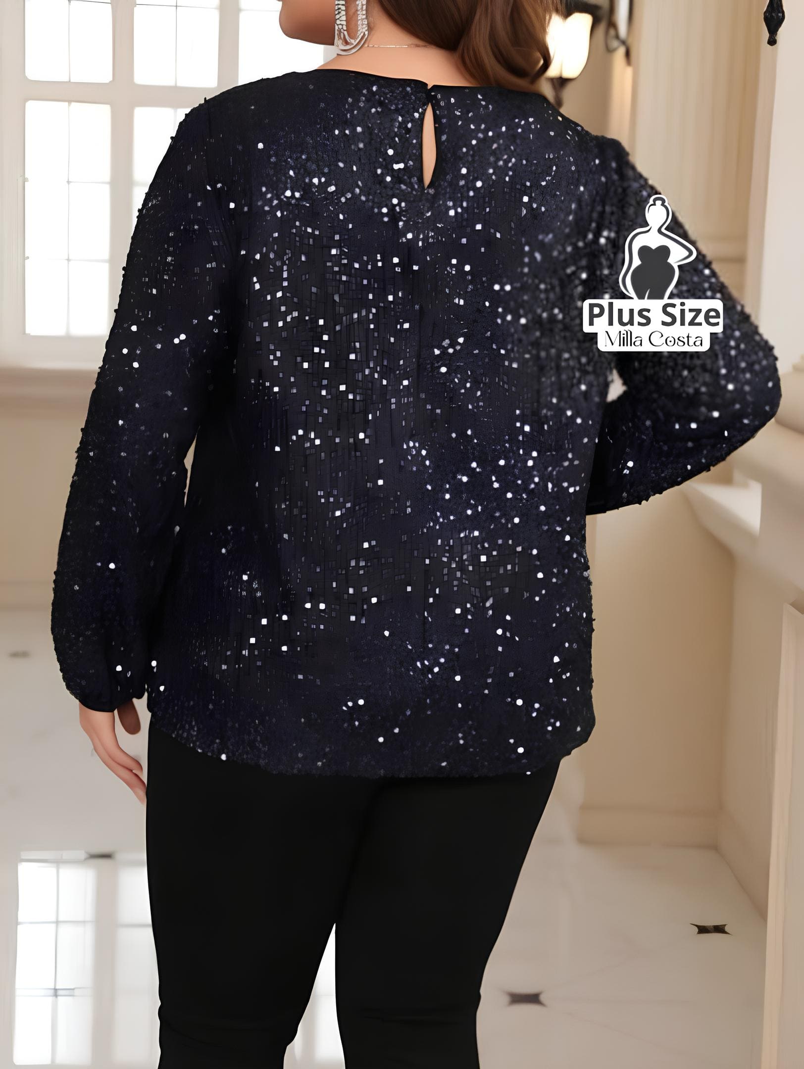 Blusa de Paetês Com Mangas Longas Elegante Plus Size