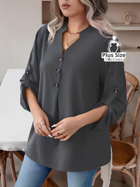 Blusa Feminina Com Botões e Manga 3/4 Casual Elegante Plus Size