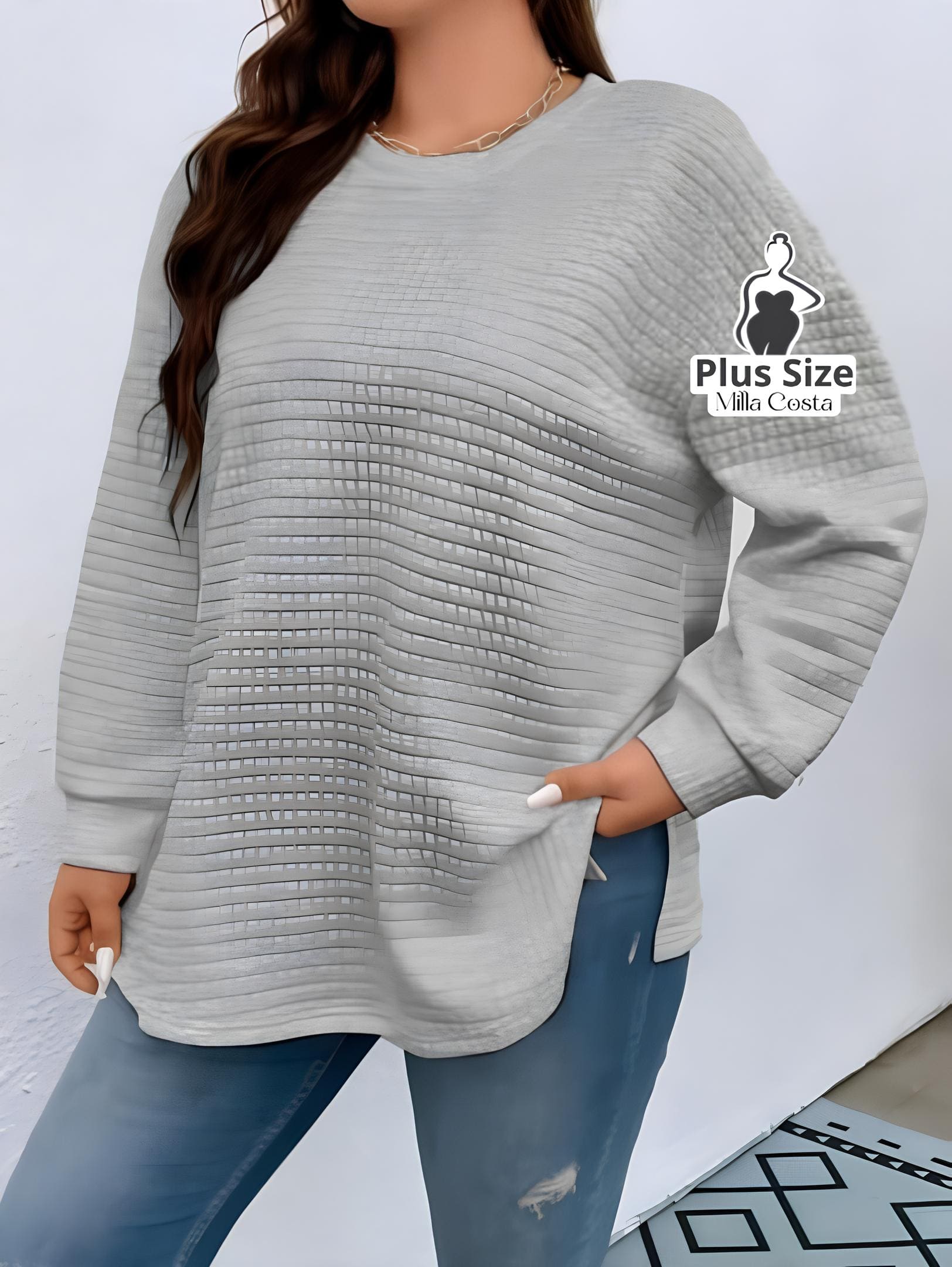 Blusa de Manga Longa Com Textura Acolchoada Plus Size