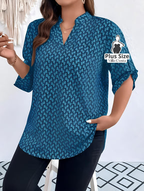 Blusa Estampada Com Decote V e Mangas 3/4 Plus Size