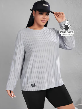 Blusa Canelada Casual Com Manga Longa Plus Size