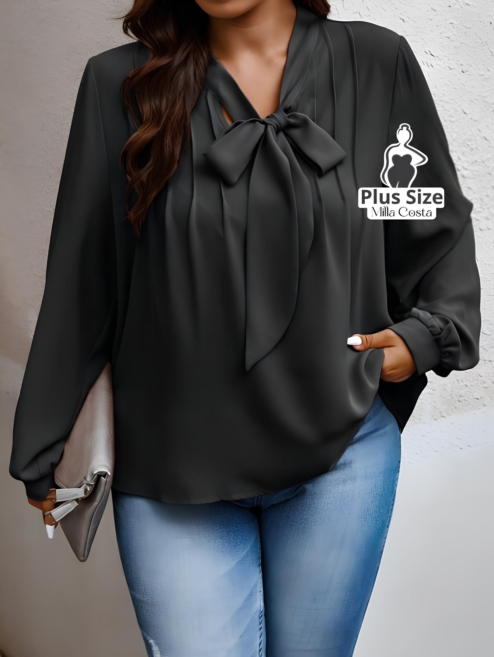 Blusa Com Laço e Manga Longa Elegante Plus Size