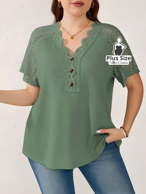 Blusa Com Renda E Detalhes Vazados Plus Size