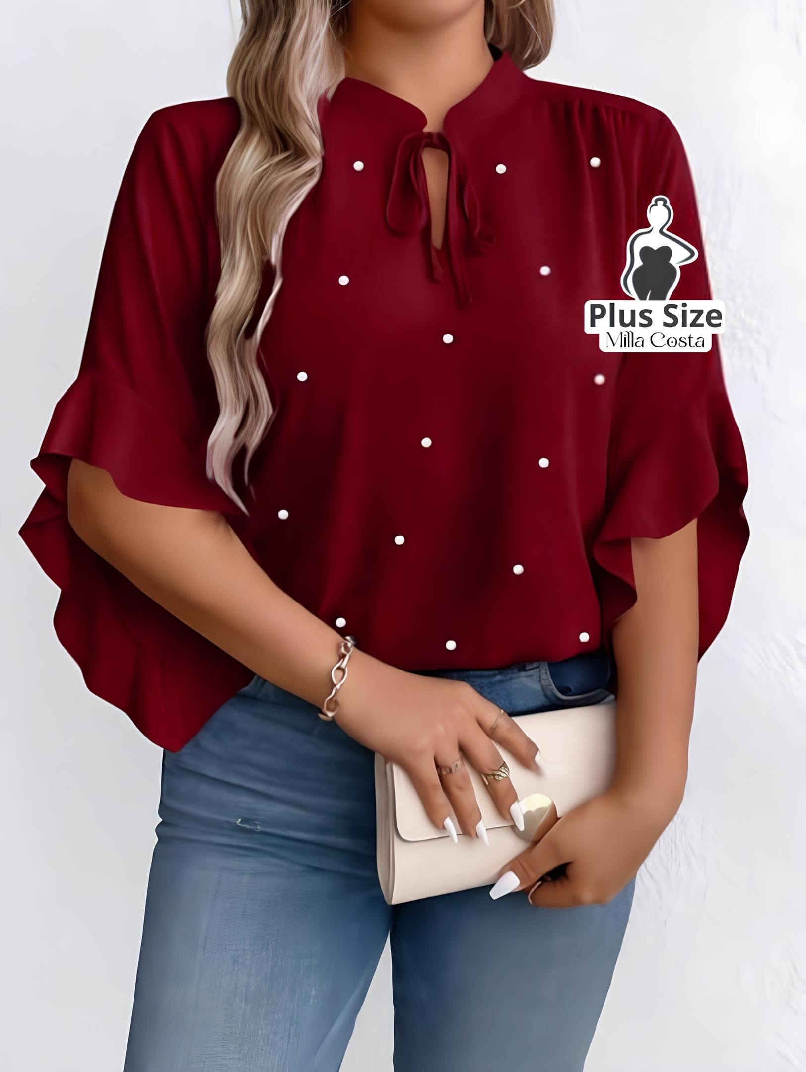 Blusa com Detalhe de Pérolas e Mangas Com Babados Plus Size