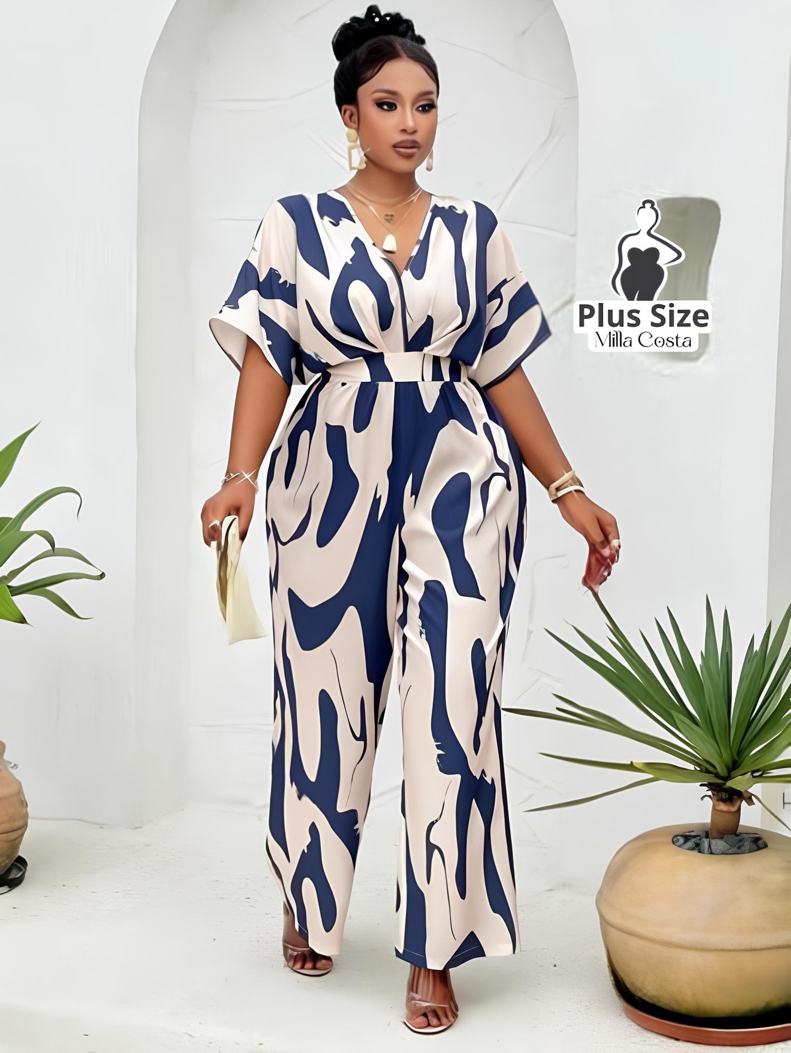 Macacão Estampado Elegante Com Cintura Marcada Plus Size