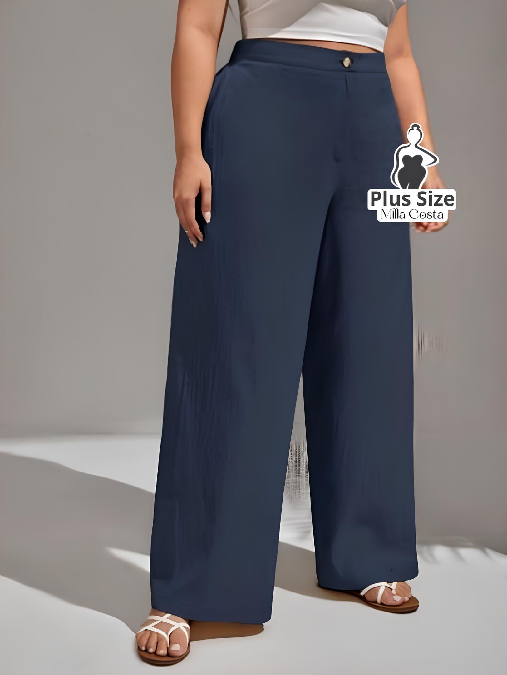 Calça Pantalona de Linho Com Fechamento Frontal Plus Size