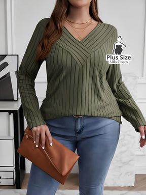 Blusa de Tricô Com Decote V e Detalhe Em Linhas Plus Size