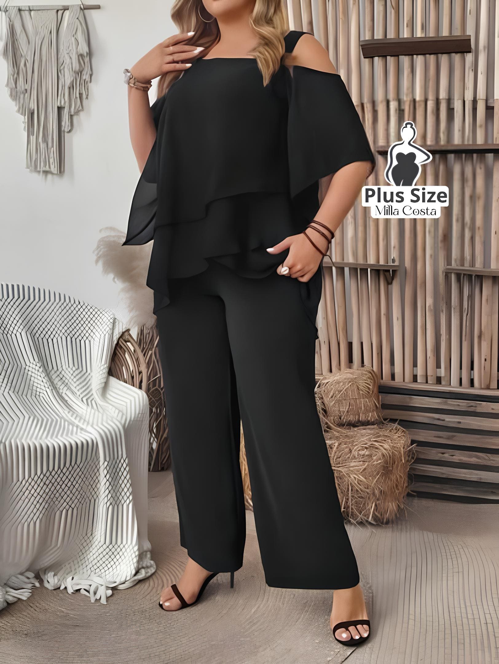 Conjunto Feminino de Blusa com Camadas e Calça Pantalona Plus Size