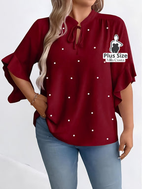 Blusa com Detalhe de Pérolas e Mangas Com Babados Plus Size