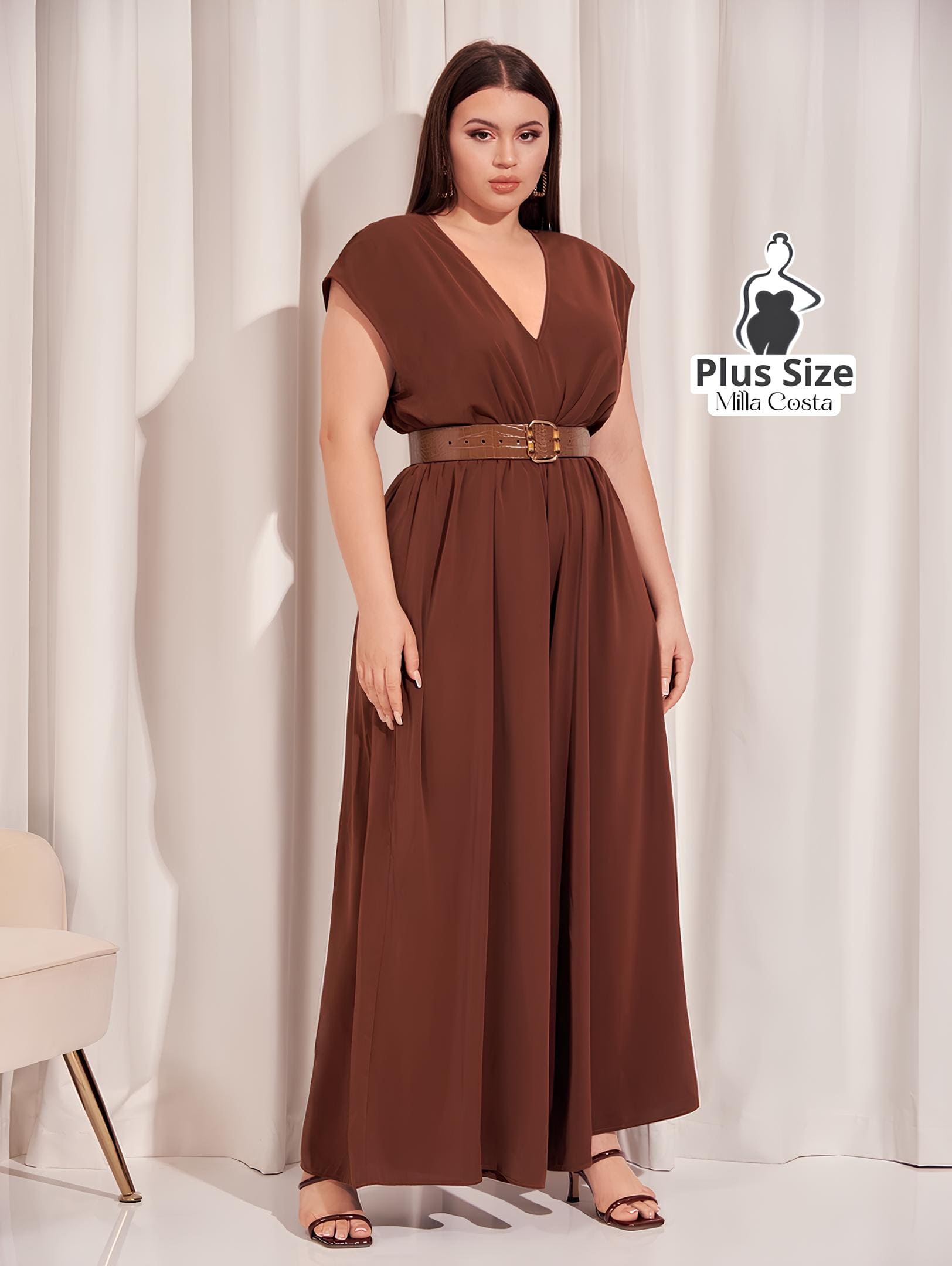 Macacão De Corte Elegante Com Decote V Plus Size