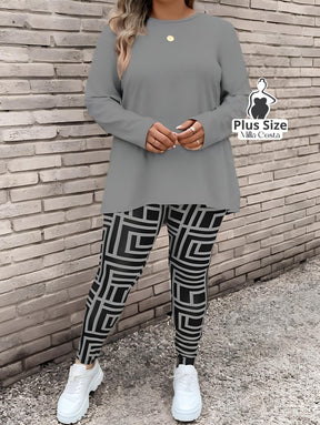 Conjunto de Blusa Longa e Legging Estampada Geométrica Plus Size