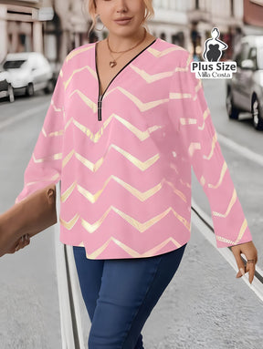 Blusa com Estampa Chevron e Decote em Zíper Plus Size