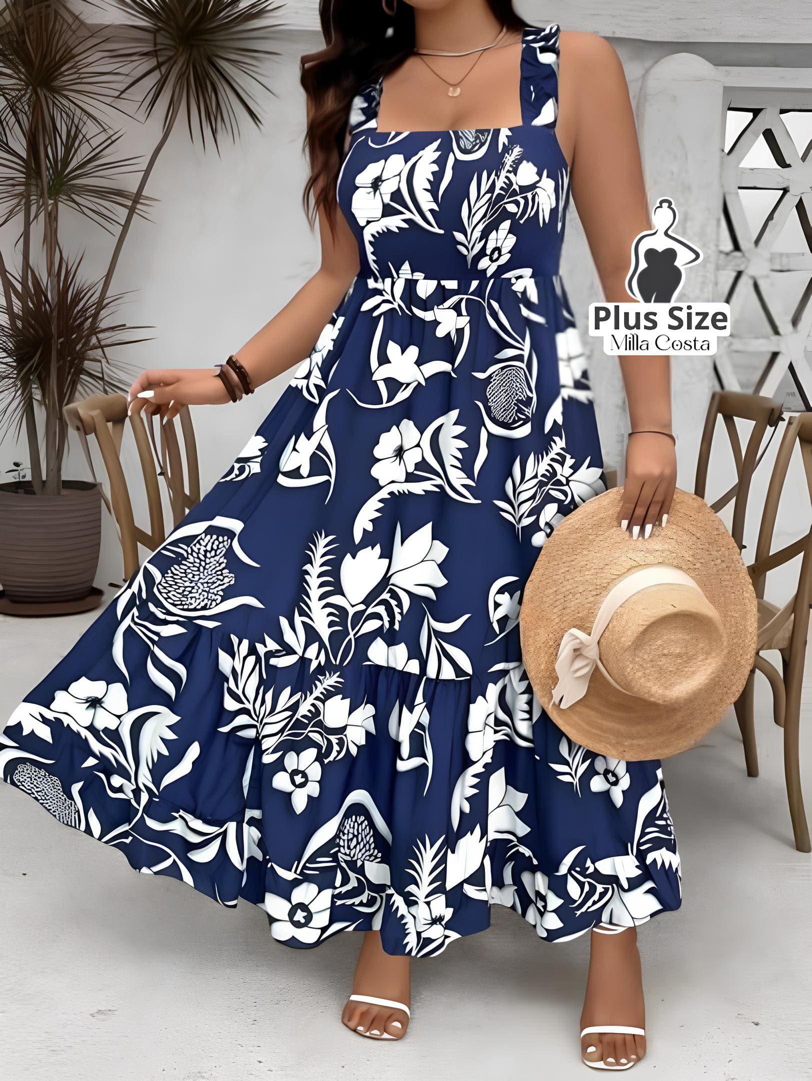 Vestido Longo Estampado com Lastex e Alças Largas Plus Size