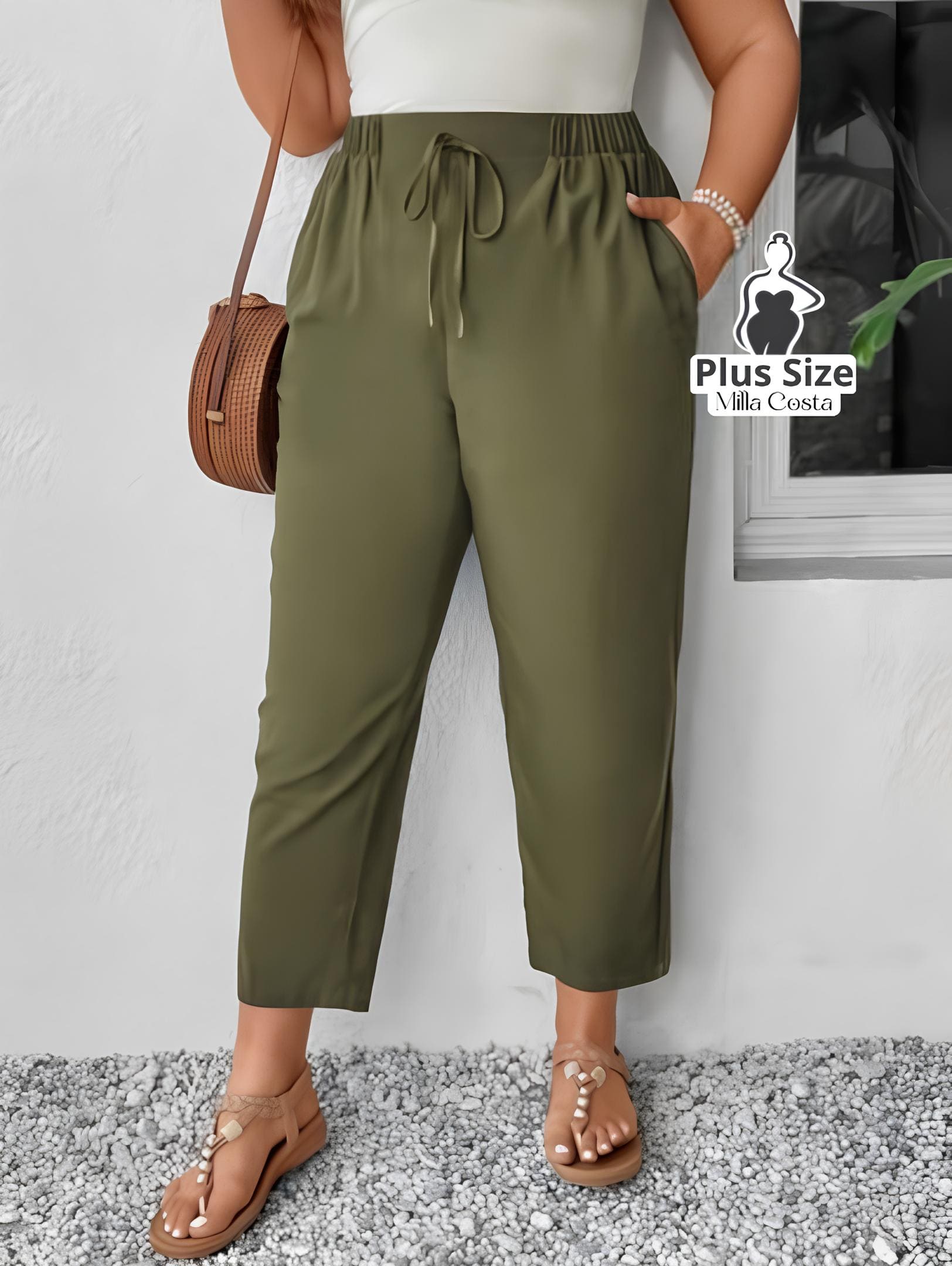 Calça de Cintura Alta Com Cordão Ajustável Plus Size