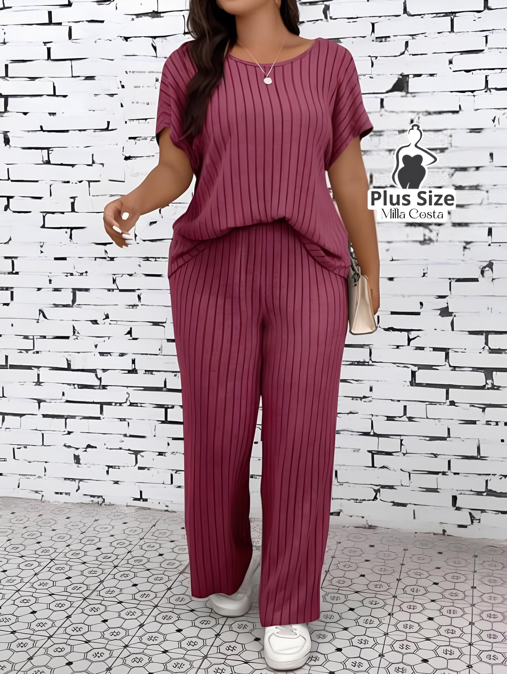 Conjunto de Loungewear Canelado Com Calça e Blusa Solta Plus Size