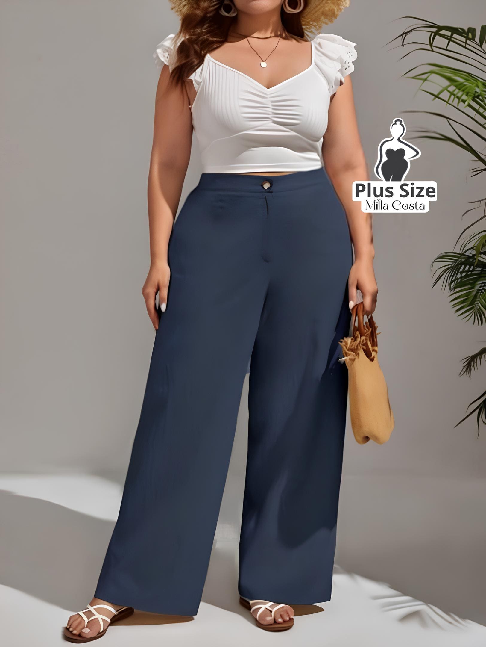 Calça Pantalona de Linho Com Fechamento Frontal Plus Size