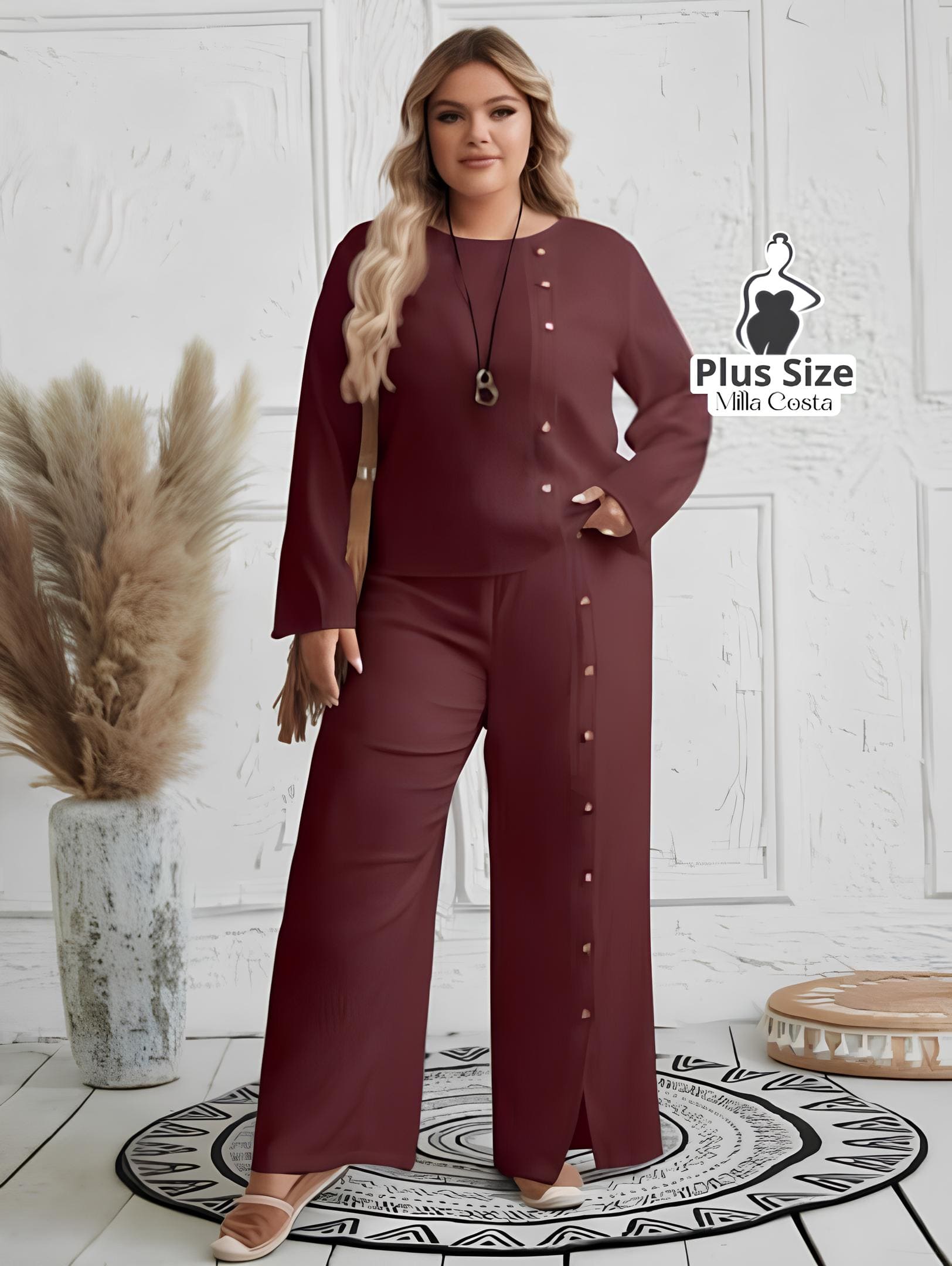 Conjunto Feminino de Blusa e Calça Com Detalhes de Botões Plus Size