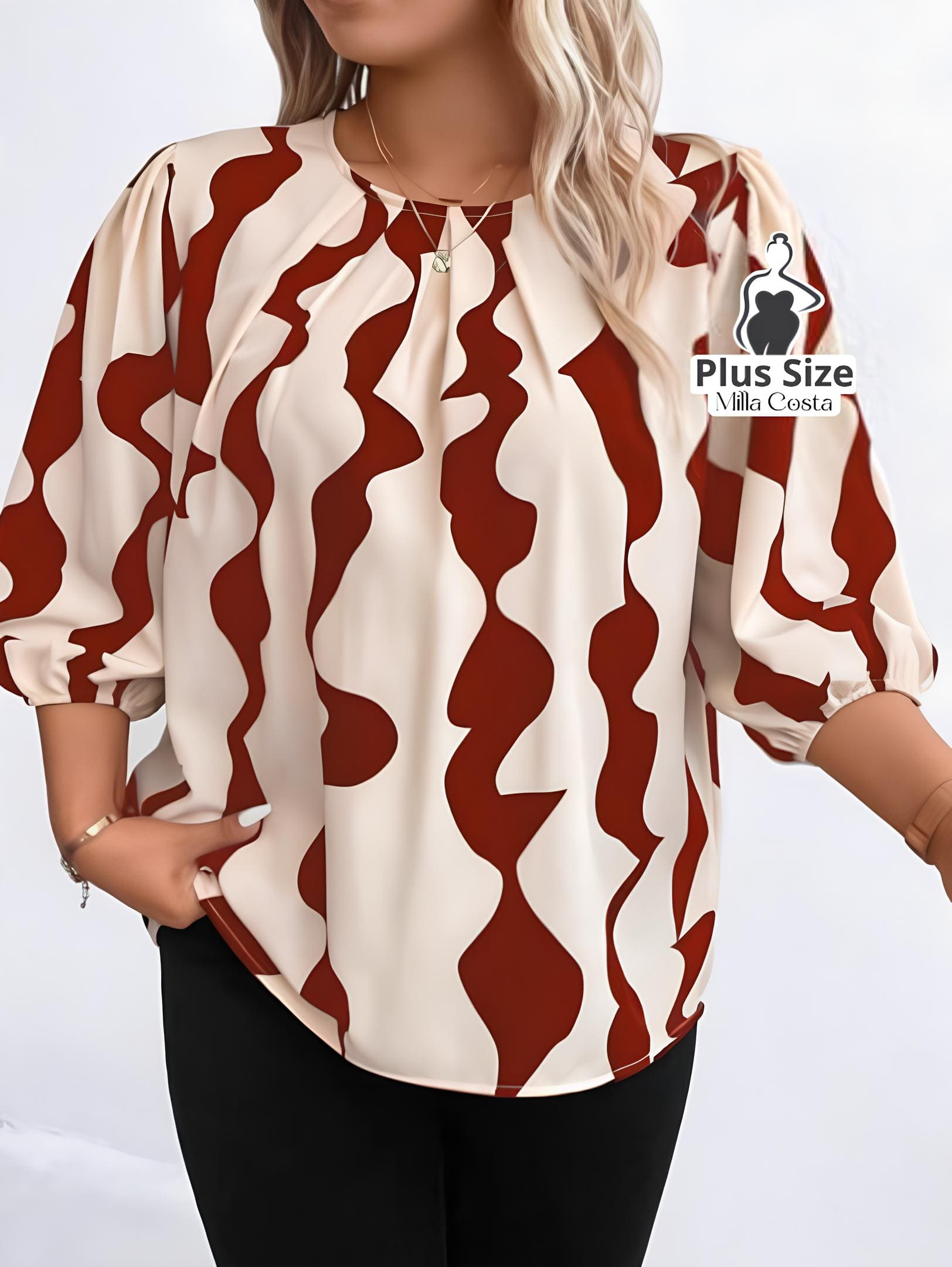 Blusa Com Estampa Geométrica e Mangas 3/4 Plus Size