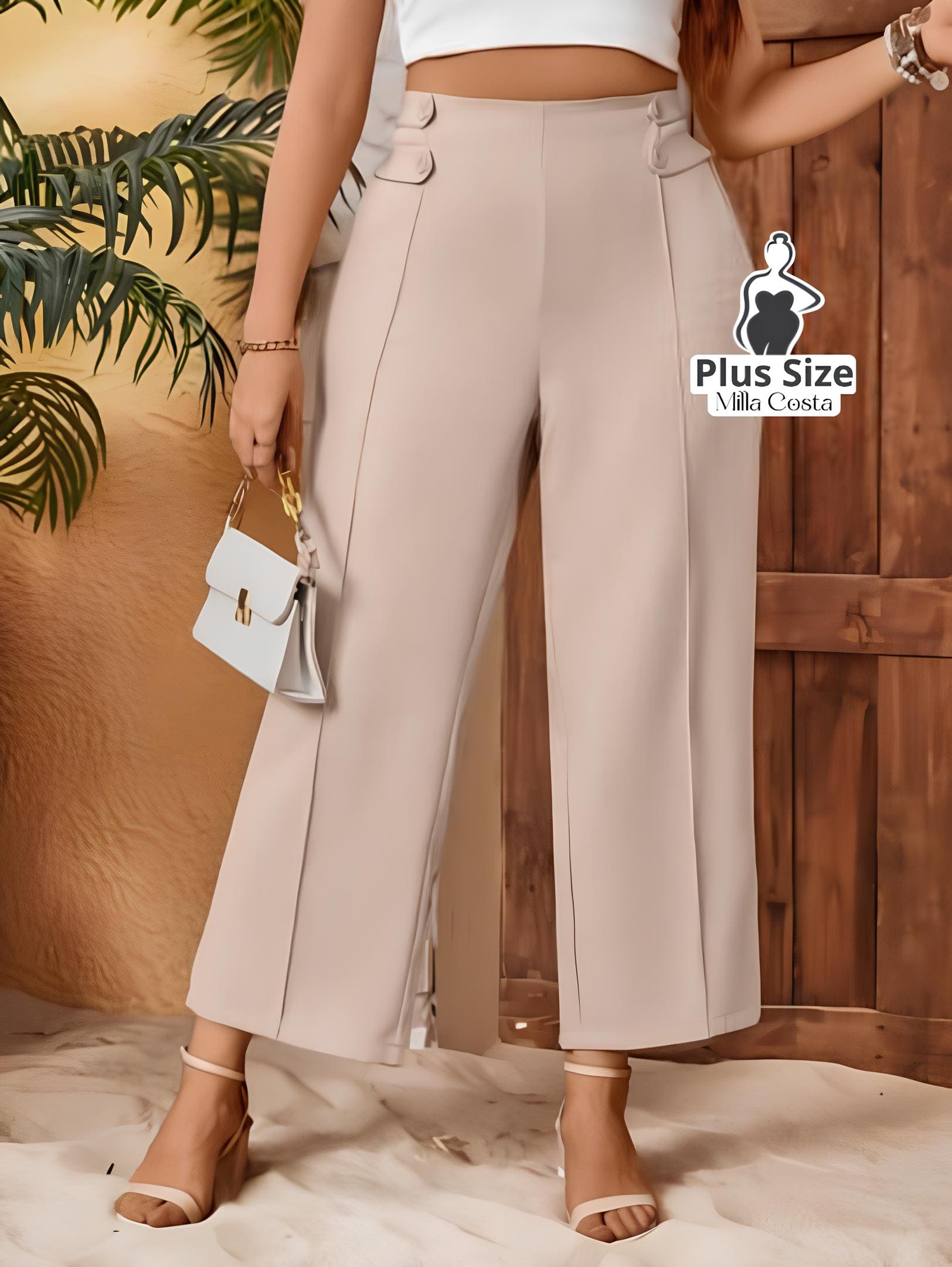 Calça Reta De Alfaiataria Bege Plus Size