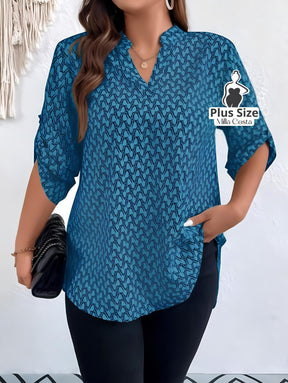 Blusa Estampada Com Decote V e Mangas 3/4 Plus Size