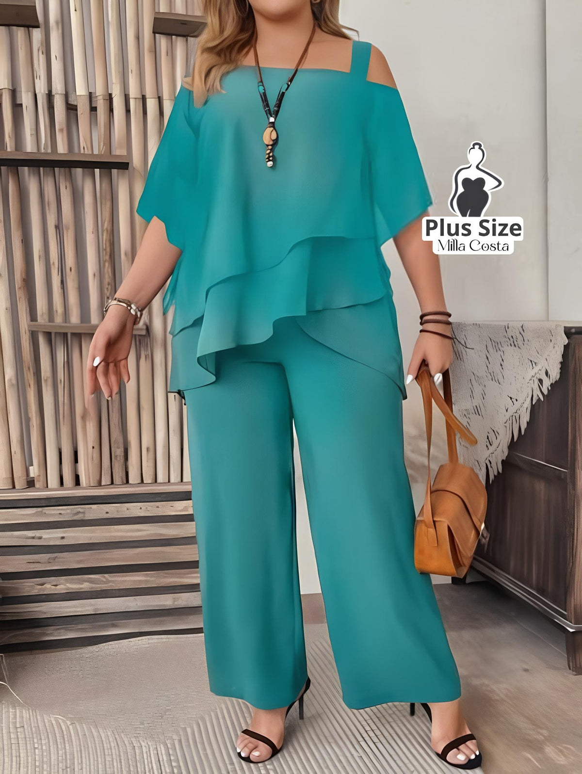 Conjunto Feminino de Blusa com Camadas e Calça Pantalona Plus Size