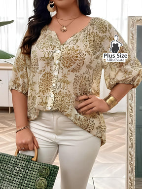 Blusa Estampada Com Botões e Manga Bufante Plus Size