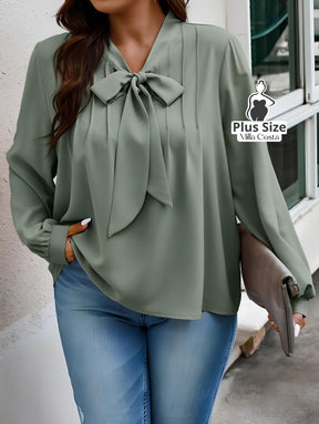 Blusa Com Laço e Manga Longa Elegante Plus Size