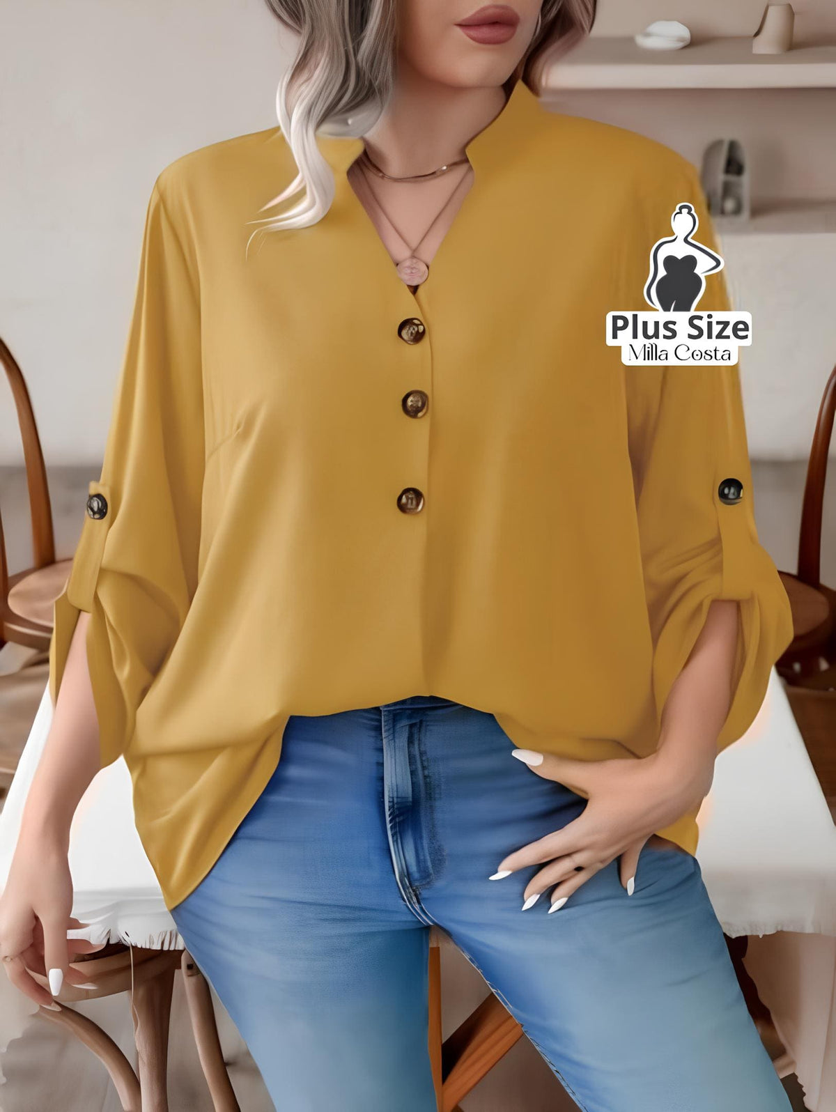 Blusa Feminina Com Botões e Manga 3/4 Casual Elegante Plus Size