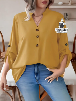 Blusa Feminina Com Botões e Manga 3/4 Casual Elegante Plus Size