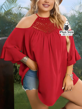 Blusa Ciganinha Com Detalhes Rendados e Manga Flare Plus Size