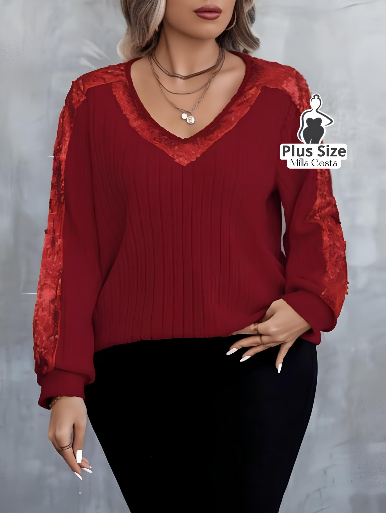 Blusa de Tricô com Paetês nas Mangas e Decote V Elegante Plus Size