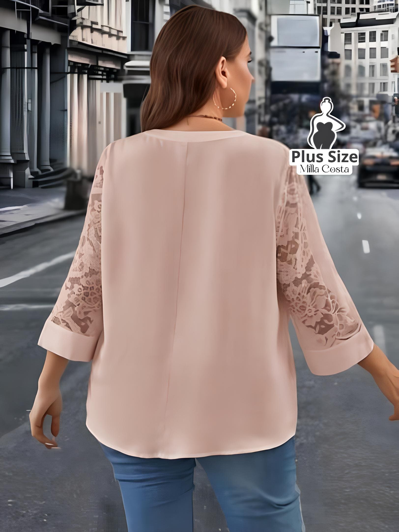 Blusa Elegante Com Detalhe De Renda Nas Mangas E Decote V Plus Size