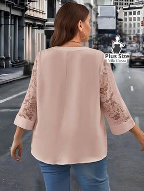 Blusa Elegante Com Detalhe De Renda Nas Mangas E Decote V Plus Size