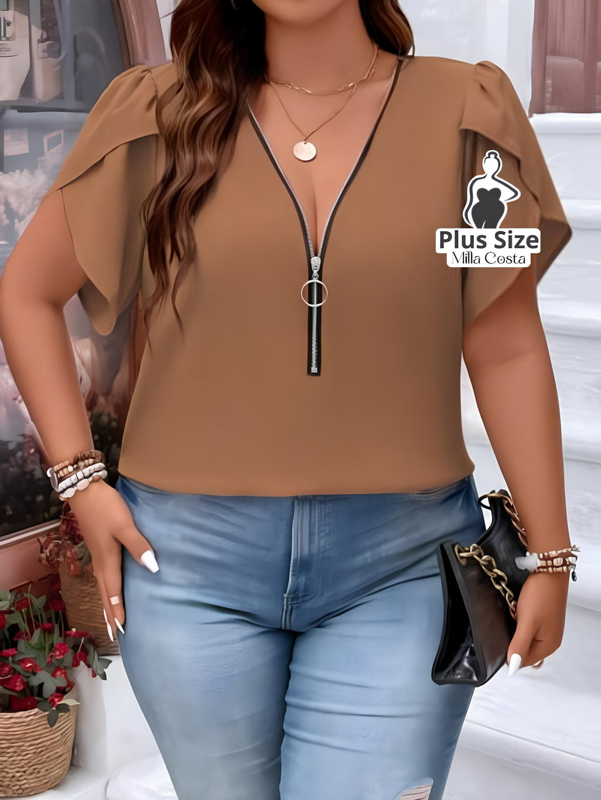 Blusa Com Decote Em Zíper e Mangas Amplas Plus Size