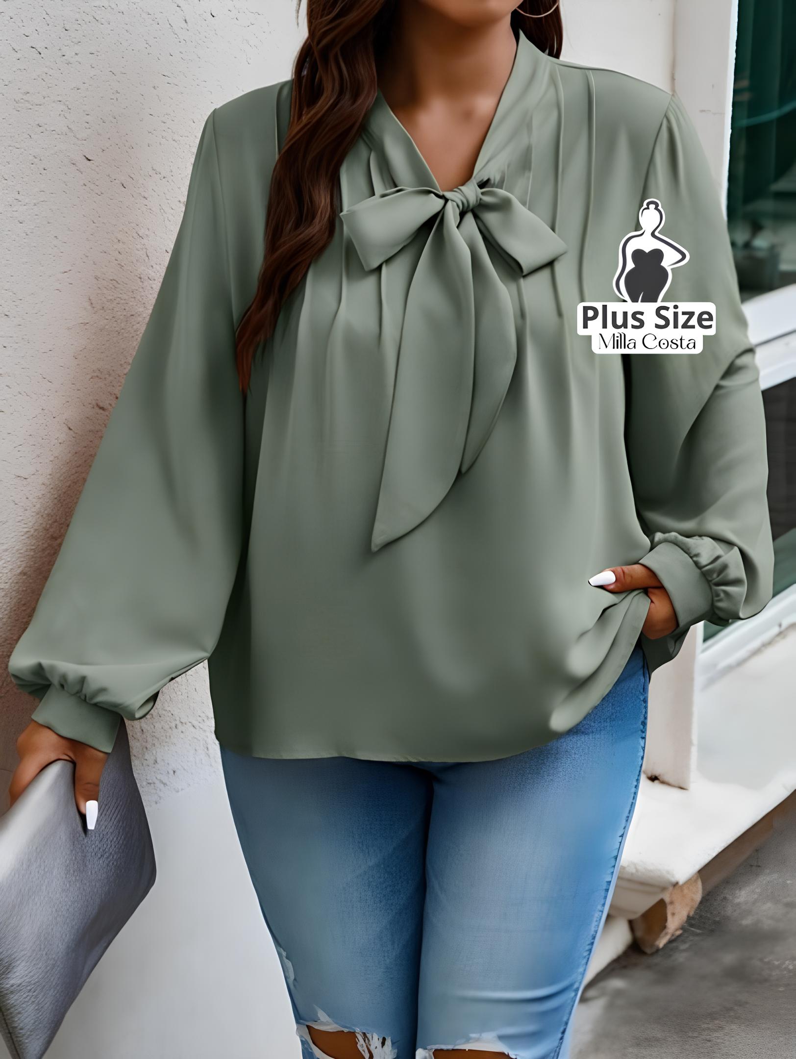 Blusa Com Laço e Manga Longa Elegante Plus Size