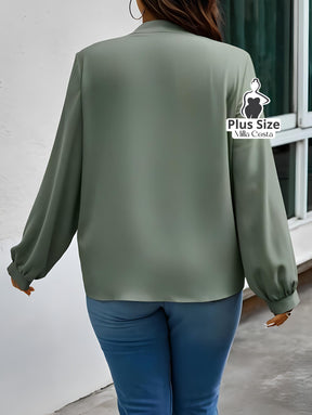 Blusa Com Laço e Manga Longa Elegante Plus Size