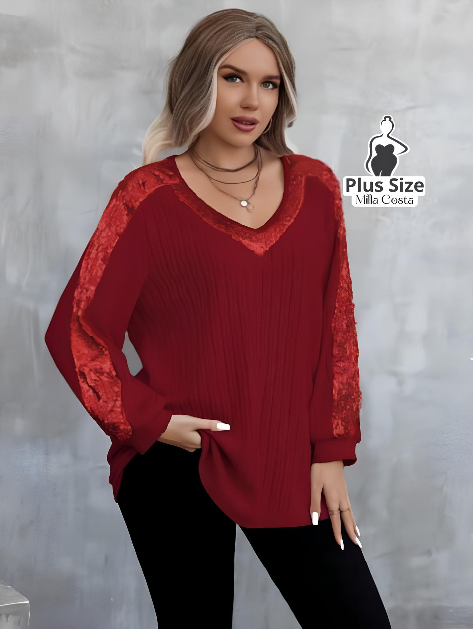 Blusa de Tricô com Paetês nas Mangas e Decote V Elegante Plus Size