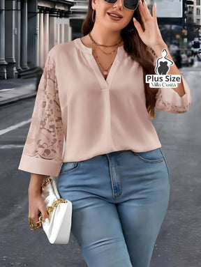 Blusa Elegante Com Detalhe De Renda Nas Mangas E Decote V Plus Size