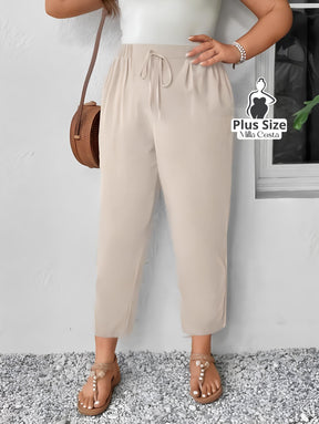 Calça de Cintura Alta Com Cordão Ajustável Plus Size