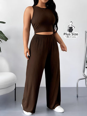 Conjunto Elegante Com Top Cropped e Calça Flare Texturizada Plus Size