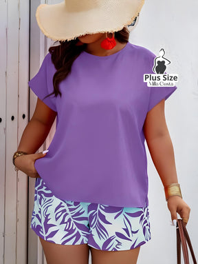 Conjunto de Verão com Shorts e Blusa de Manga Curta Plus Size